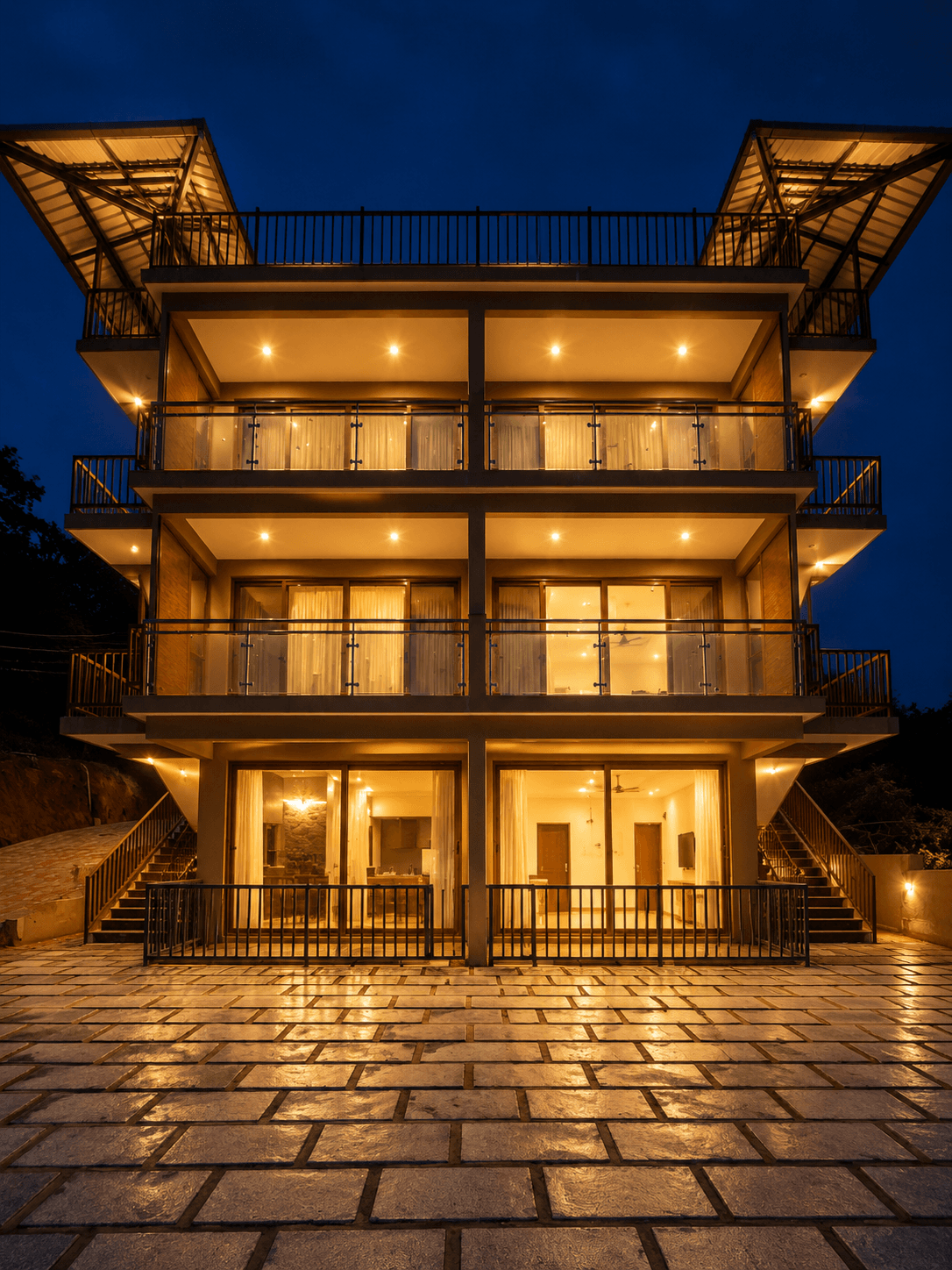 Guest building glowing at night