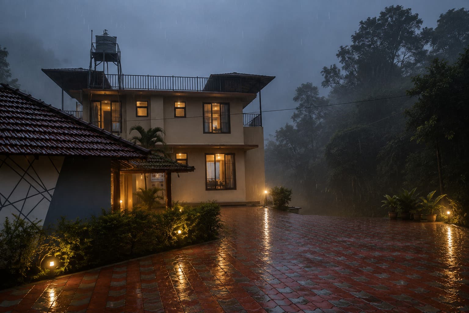 Homestay building lit up on a rainy evening
